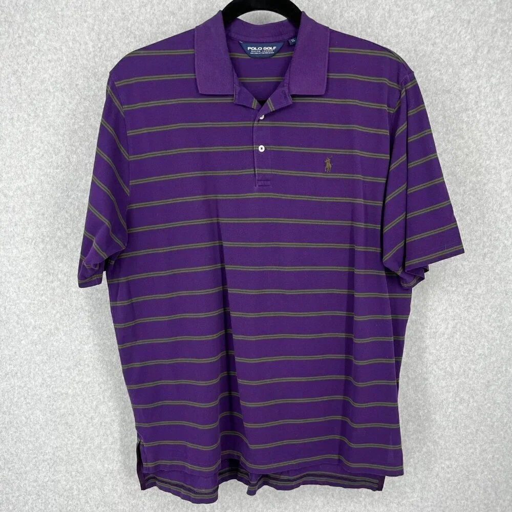 Ralph Lauren Polo Golf Shirt Size CL Purple Green Stripe Vintage Knit Casual